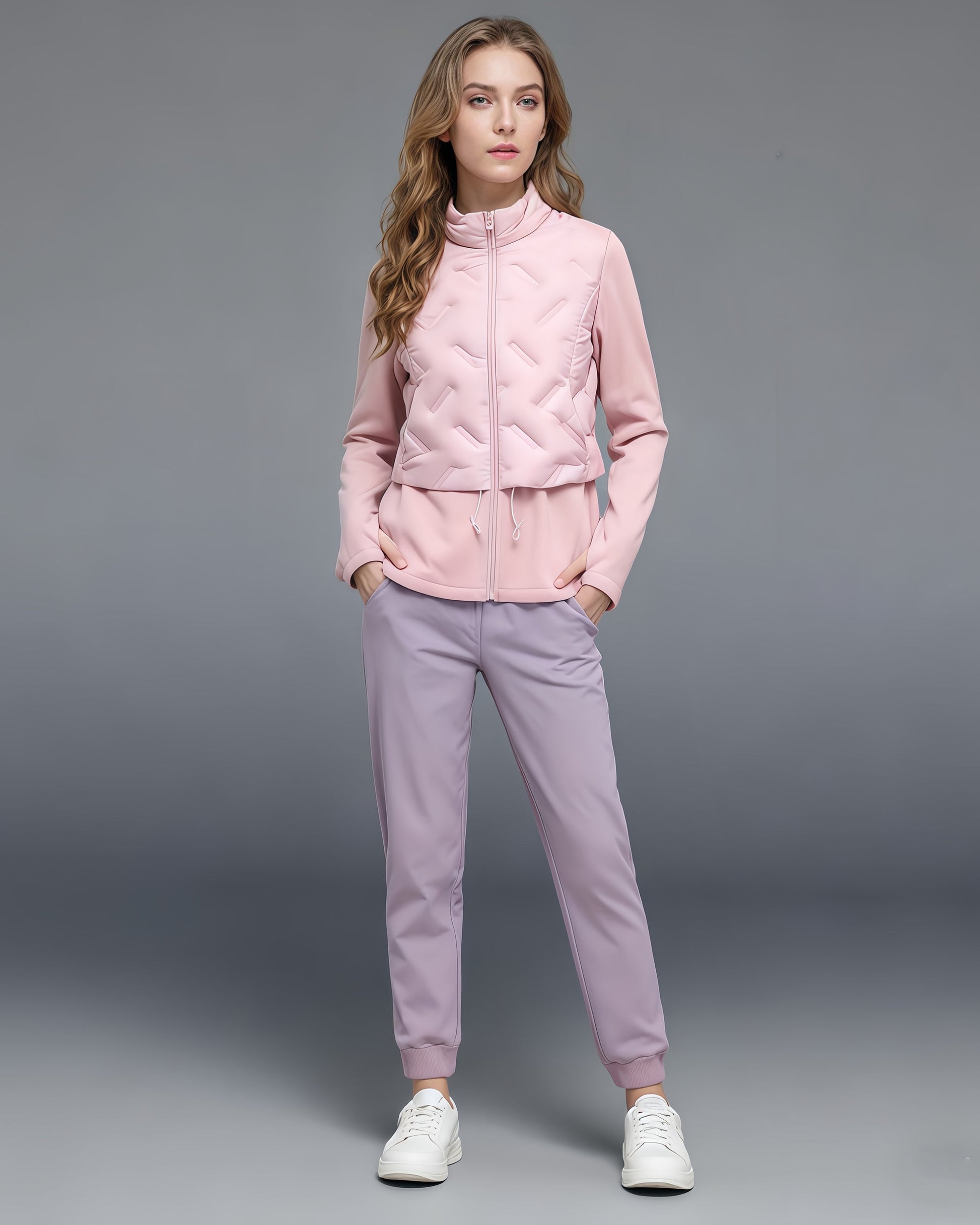 Pink Quilted Zip - Up Down Jacket with Drawstring Waist - SISPELL