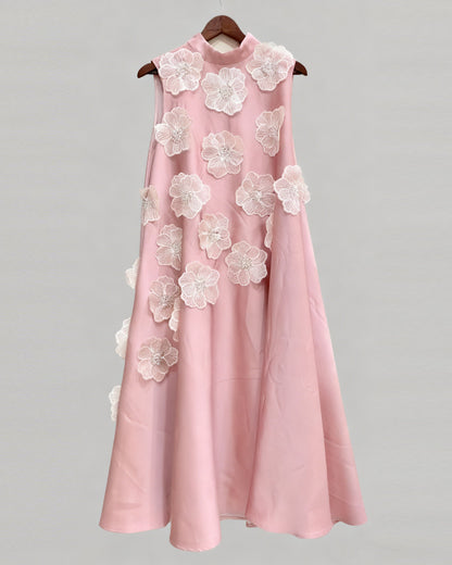 Pink Sleeveless Midi Dress with Floral Lace & Pearl - SISPELL