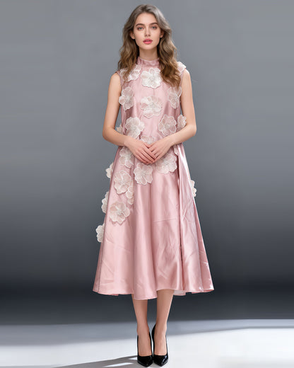 Pink Sleeveless Midi Dress with Floral Lace & Pearl - SISPELL