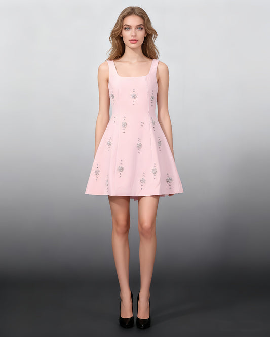 Pink Square Neck Mini Dress with Crystal Florals - SISPELL