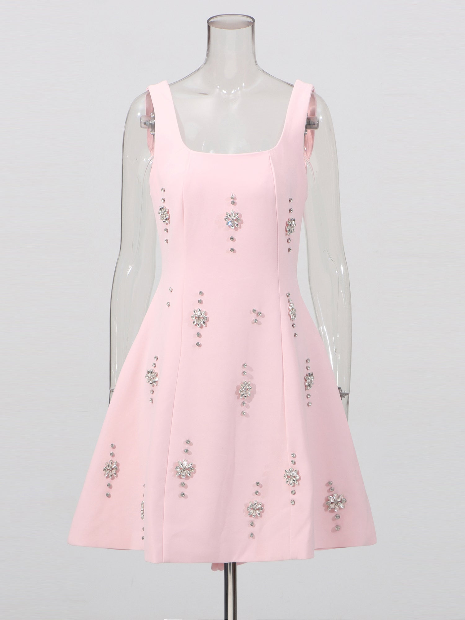 Pink Square Neck Mini Dress with Crystal Florals - SISPELL