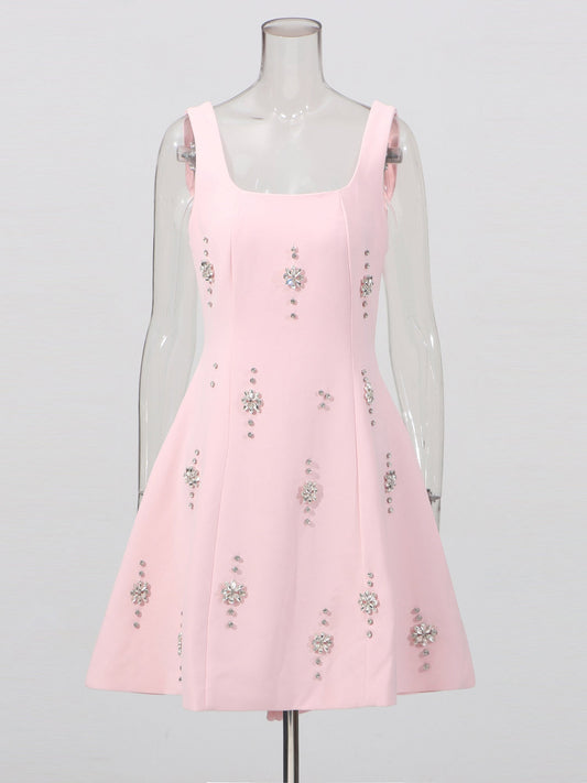 Pink Square Neck Mini Dress with Crystal Florals - SISPELL