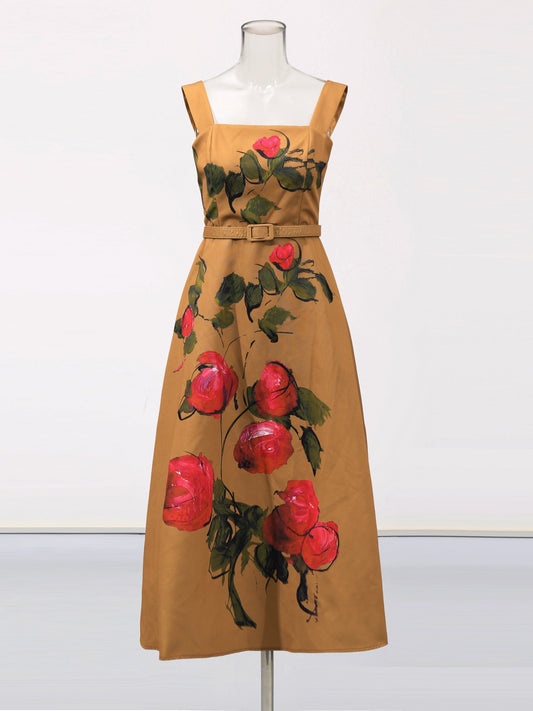 Print Square Collar Long Dress - SISPELL