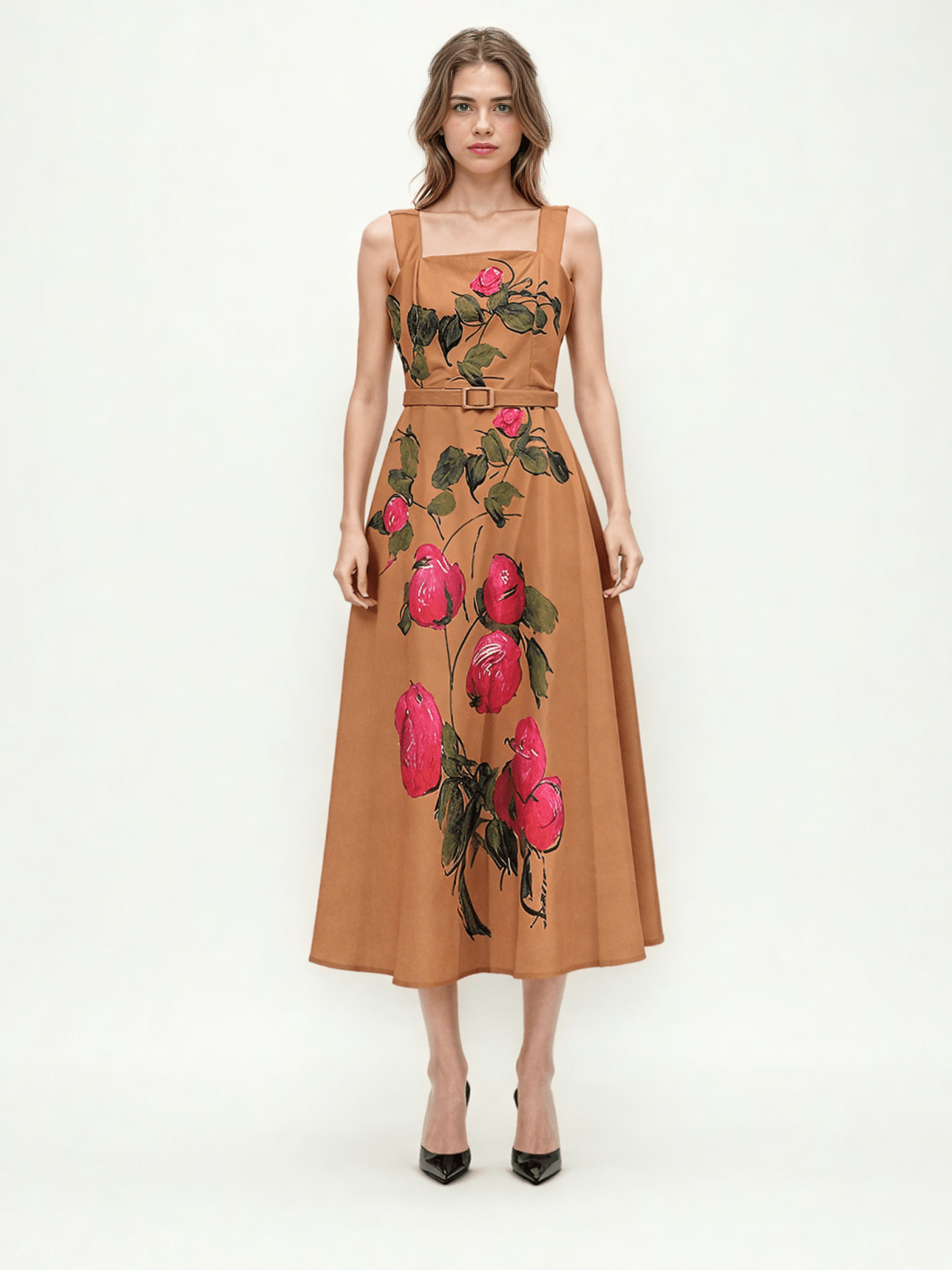 Print Square Collar Long Dress - SISPELL