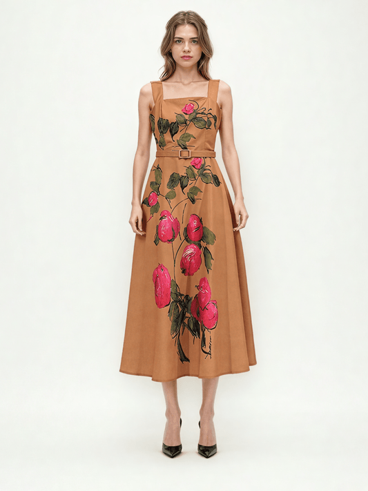 Print Square Collar Long Dress - SISPELL