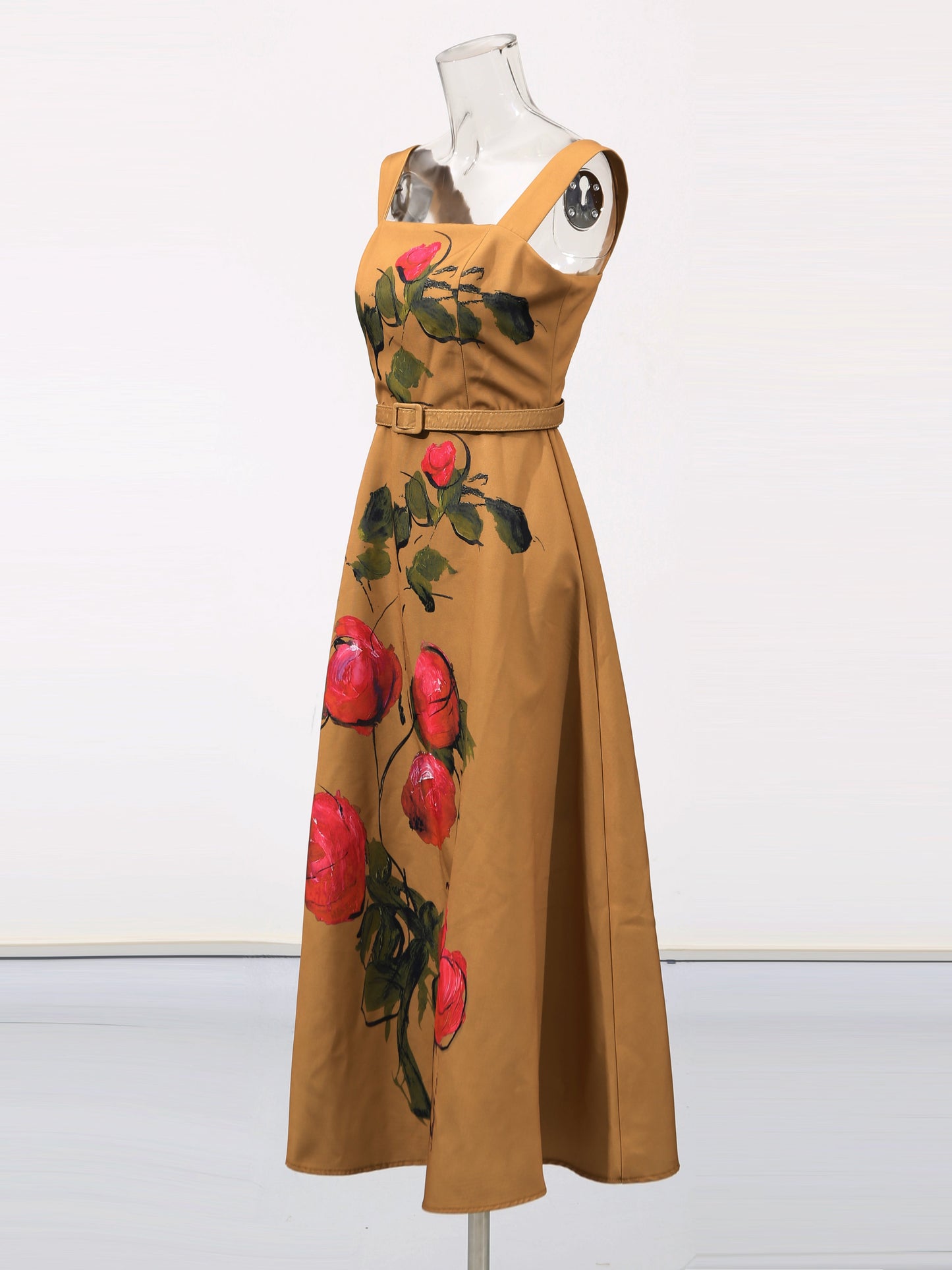 Print Square Collar Long Dress - SISPELL