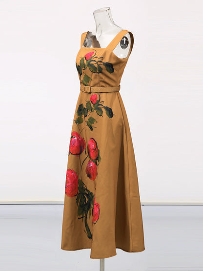 Print Square Collar Long Dress - SISPELL