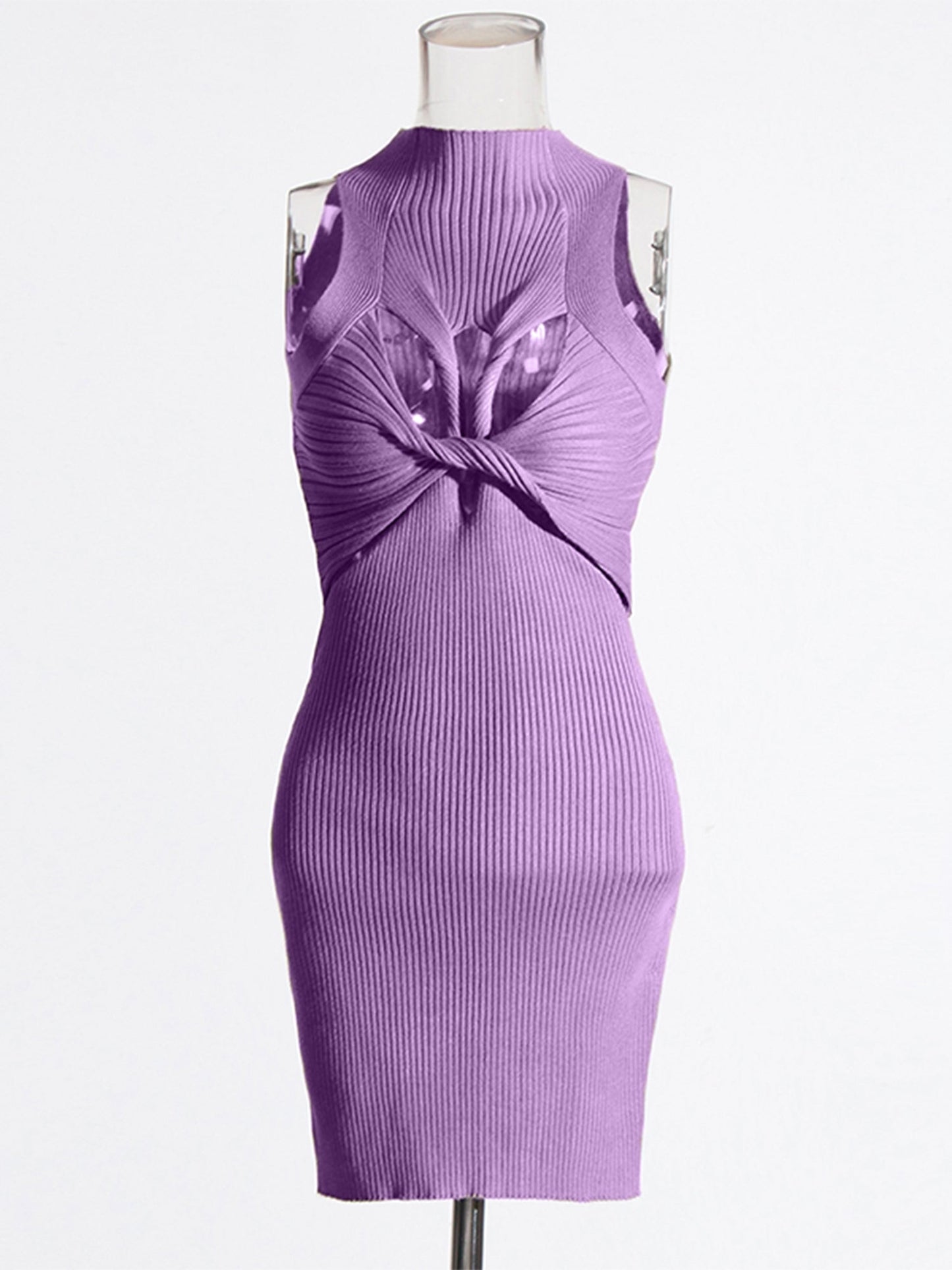 Purple Knit Cutout Knot Bodycon Mini Dress - SISPELL