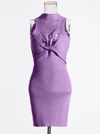Purple Knit Cutout Knot Bodycon Mini Dress - SISPELL