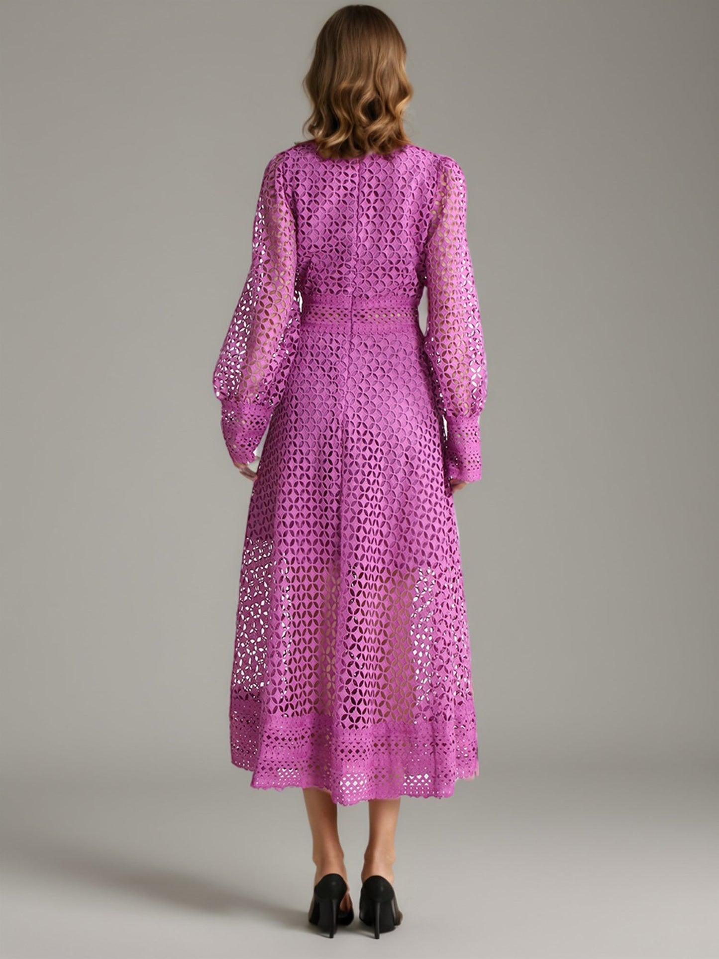 Purple Lace Hollow - Out Long Sleeve Midi Dress - SISPELL