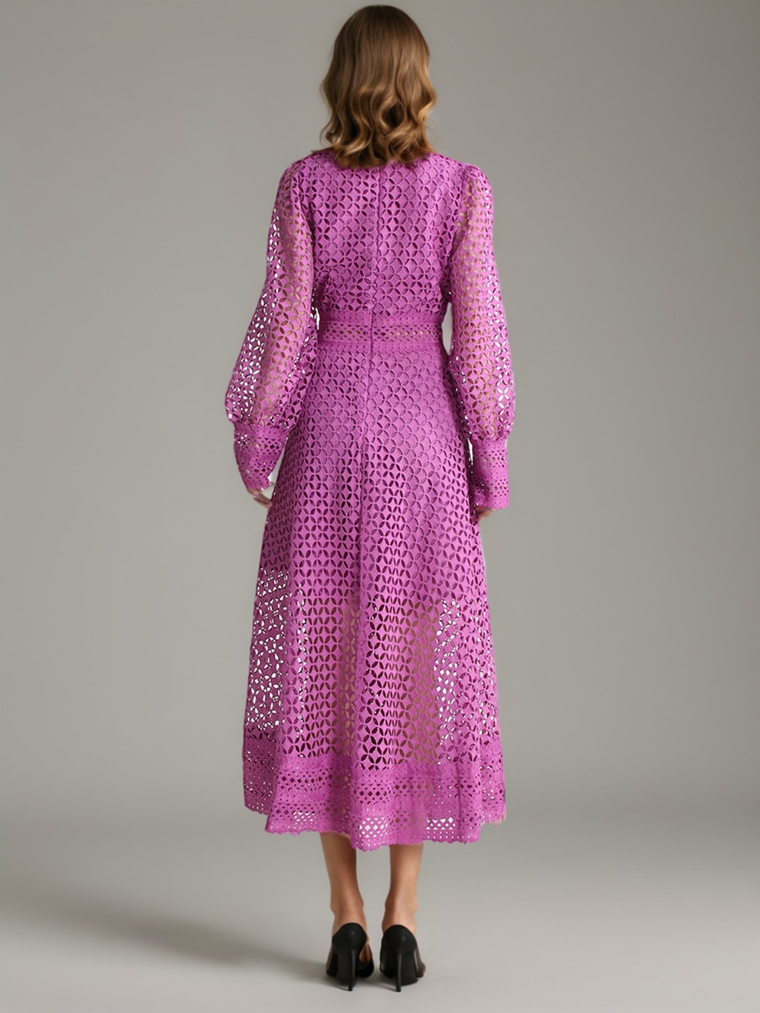 Purple Lace Hollow - Out Long Sleeve Midi Dress - SISPELL