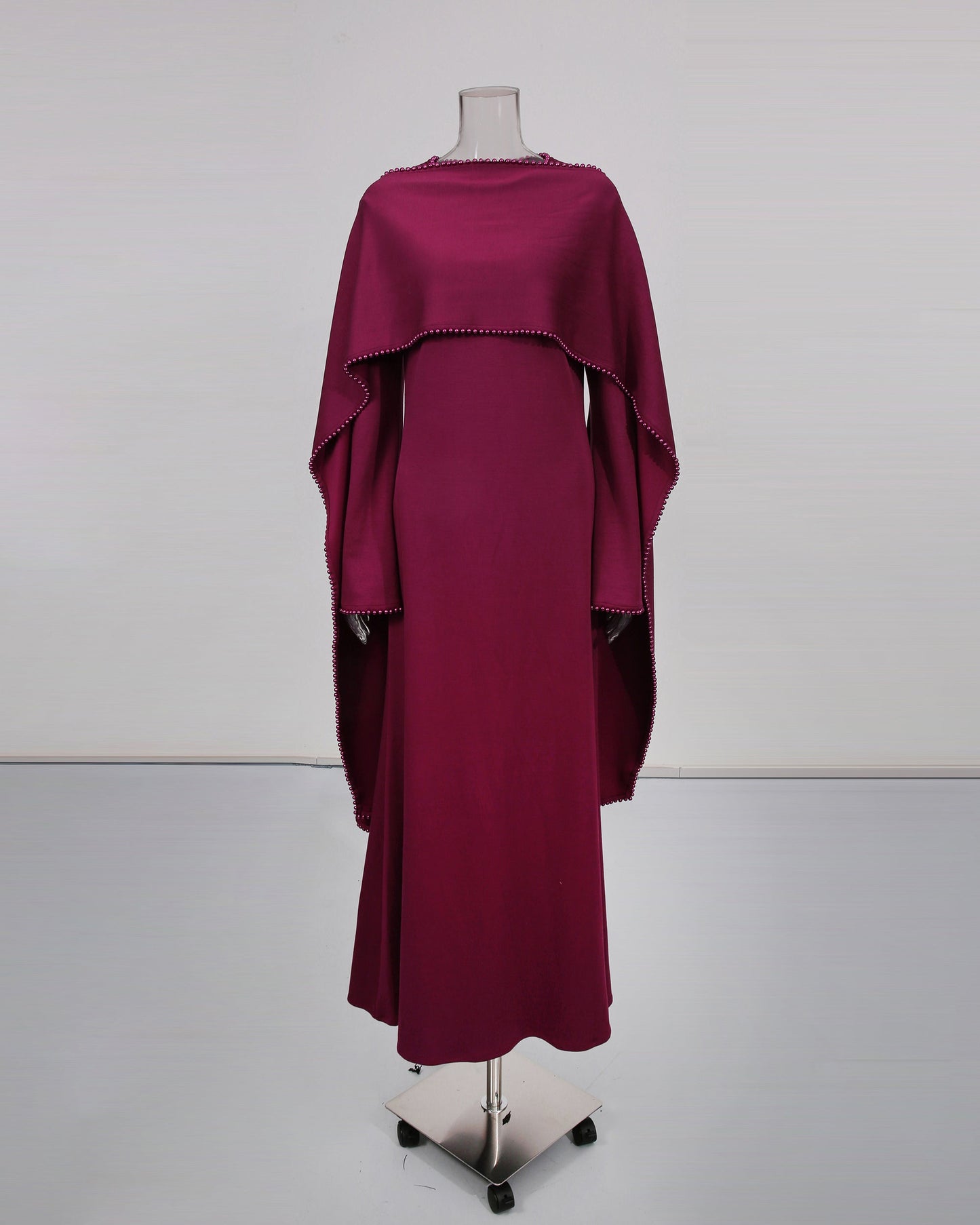 Purple Maxi Dress with Pearl - Trimmed Cape Sleeves - SISPELL