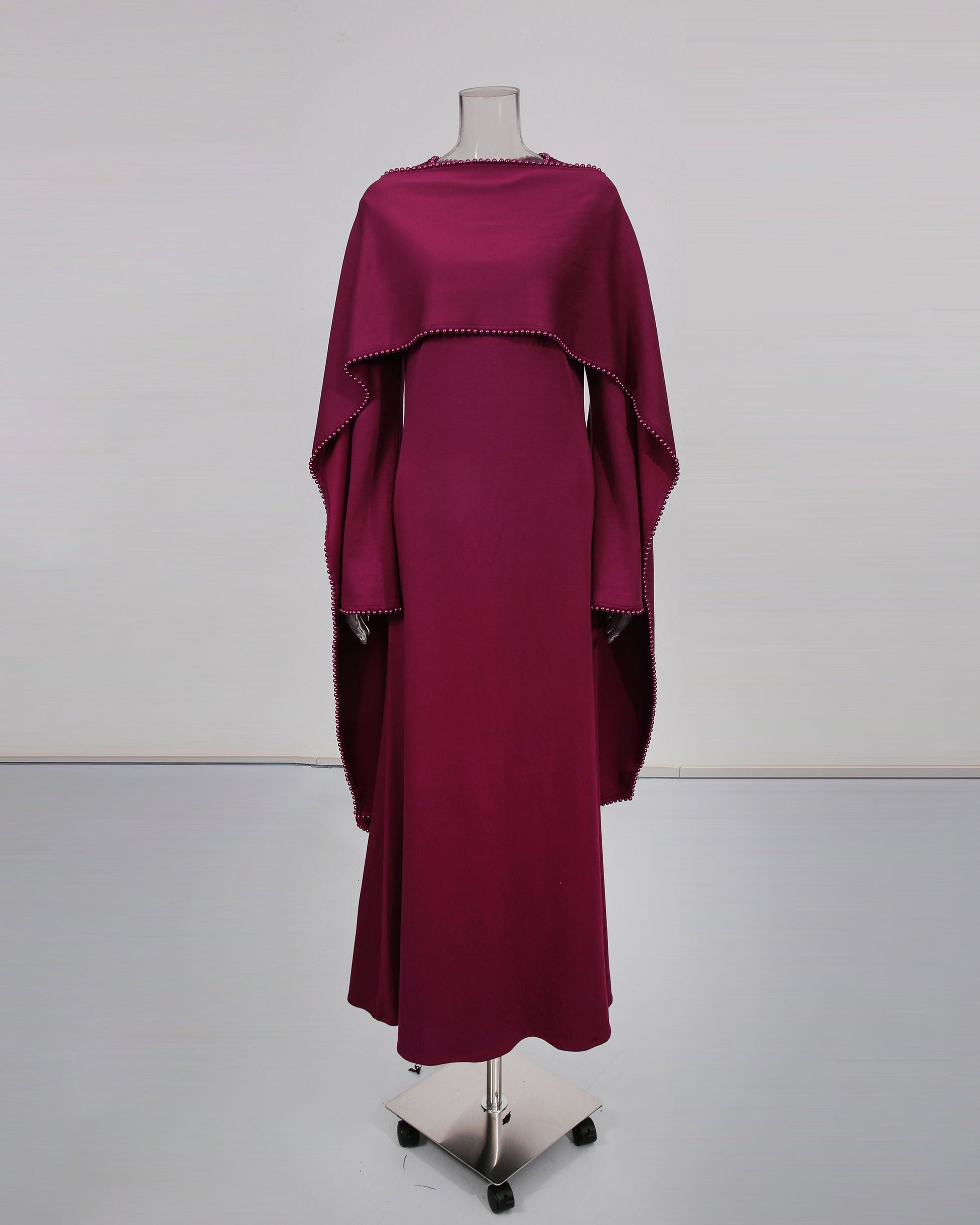 Purple Maxi Dress with Pearl - Trimmed Cape Sleeves - SISPELL