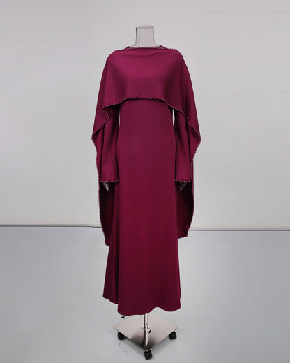 Purple Maxi Dress with Pearl - Trimmed Cape Sleeves - SISPELL