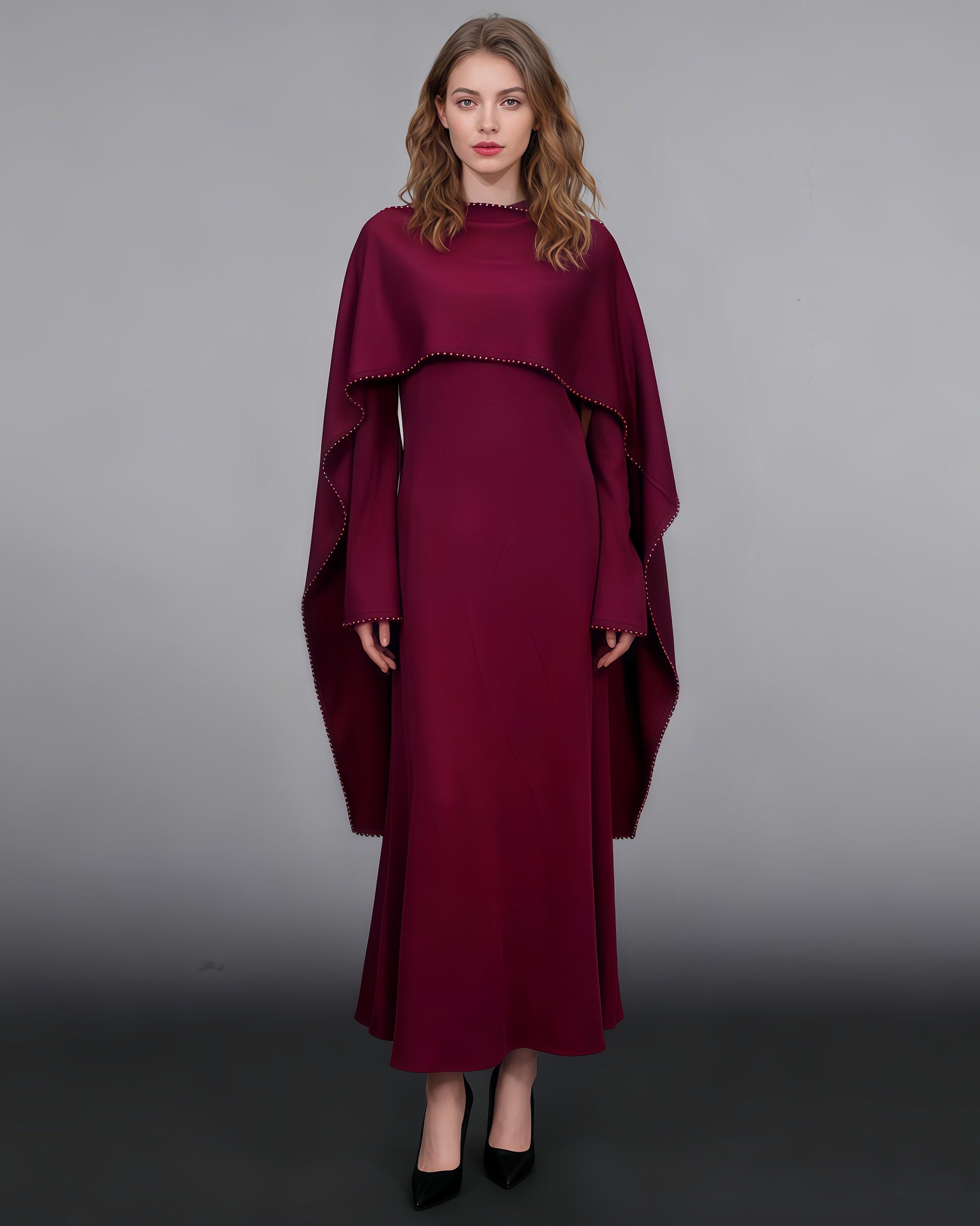 Purple Maxi Dress with Pearl - Trimmed Cape Sleeves - SISPELL