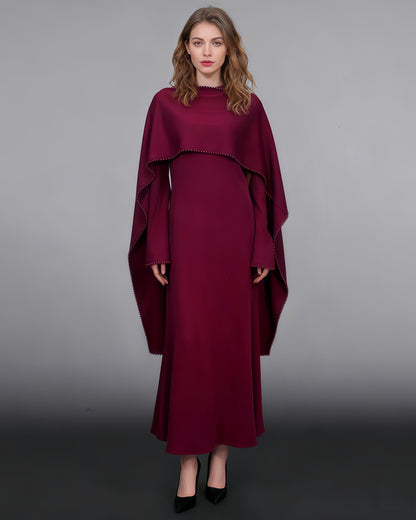 Purple Maxi Dress with Pearl - Trimmed Cape Sleeves - SISPELL