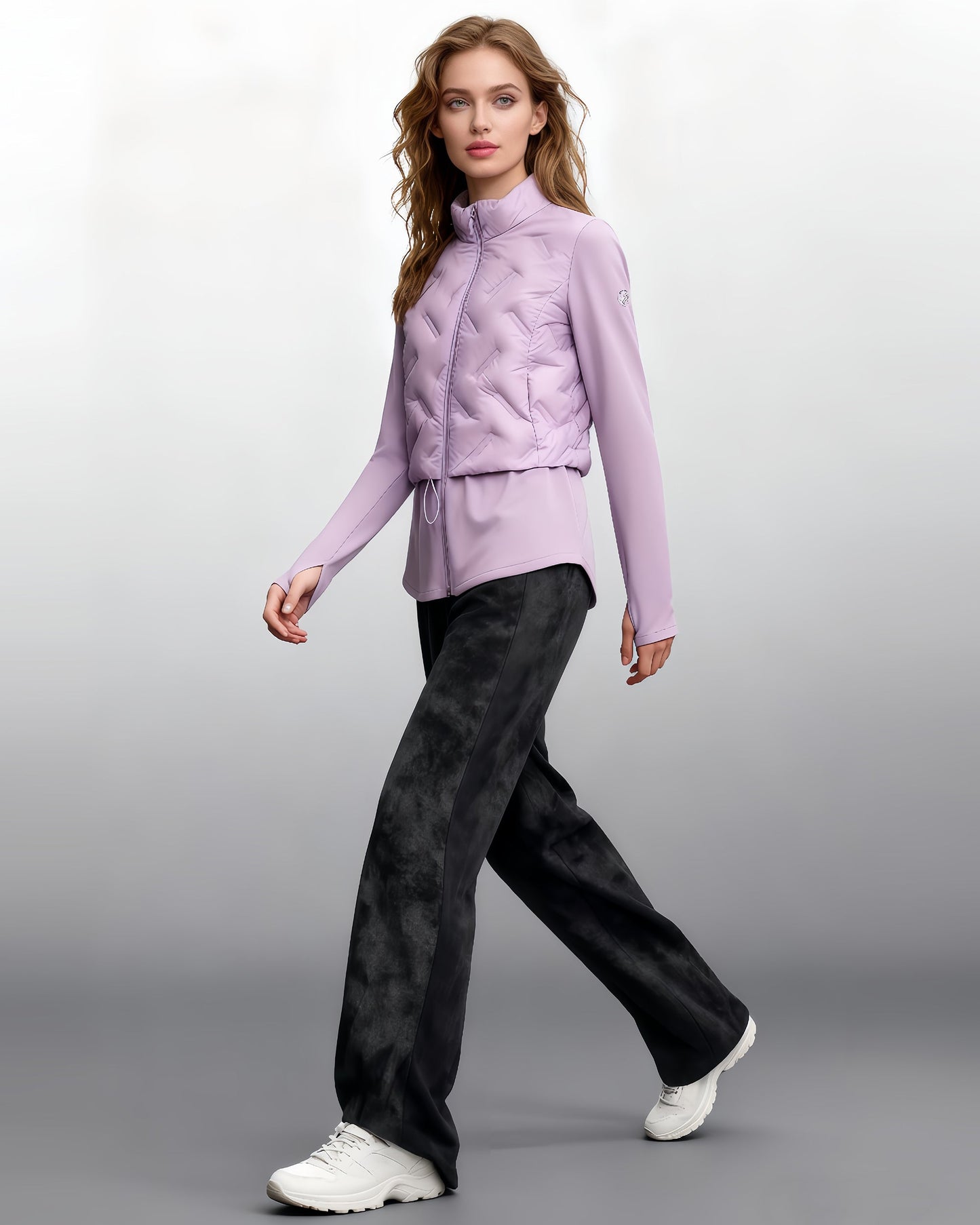 Purple Quilted Zip - Up Down Jacket with Drawstring Waist - SISPELL