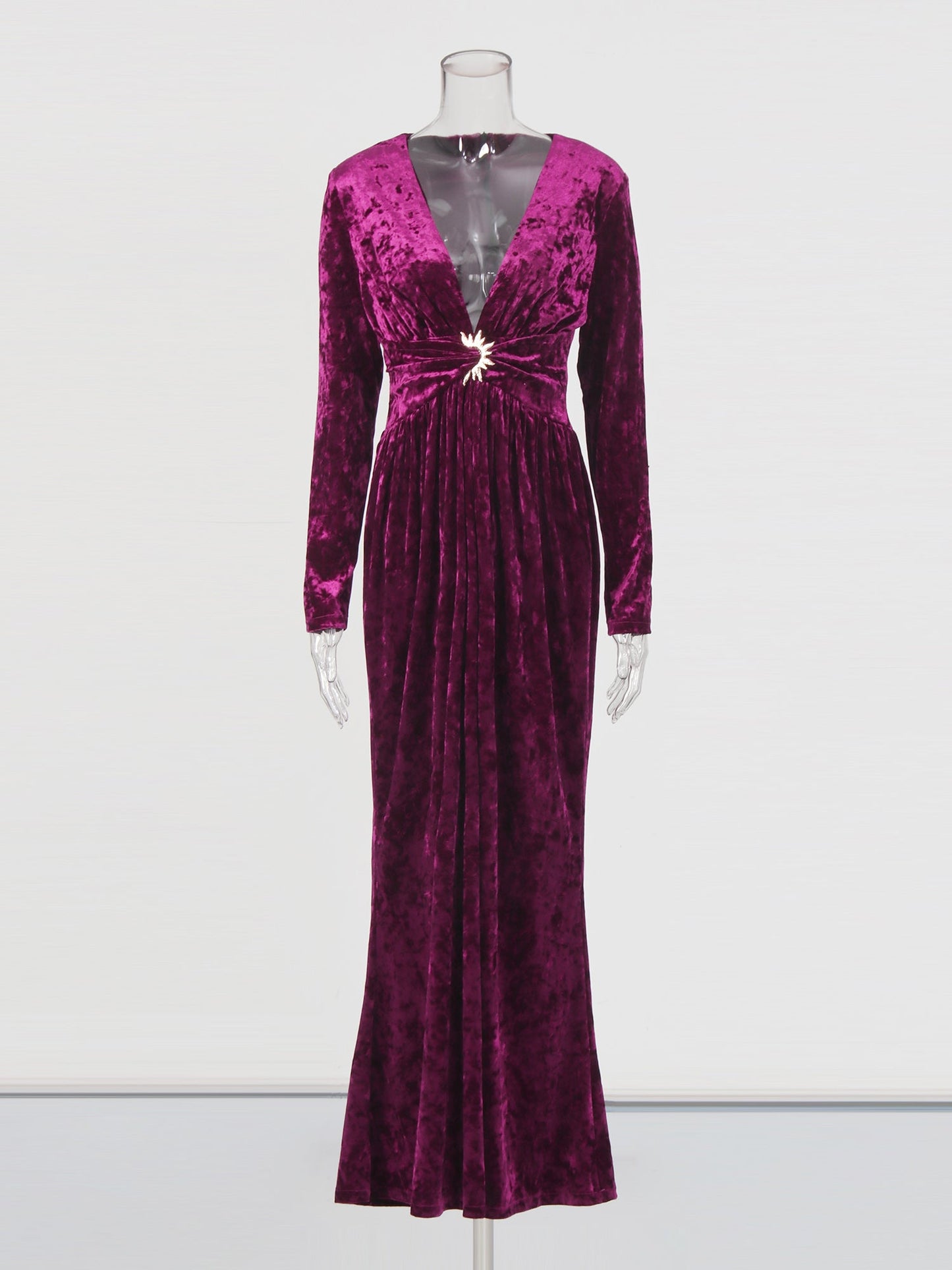 Purple Velvet Maxi Dress with V - Neck & Gold Accent - SISPELL