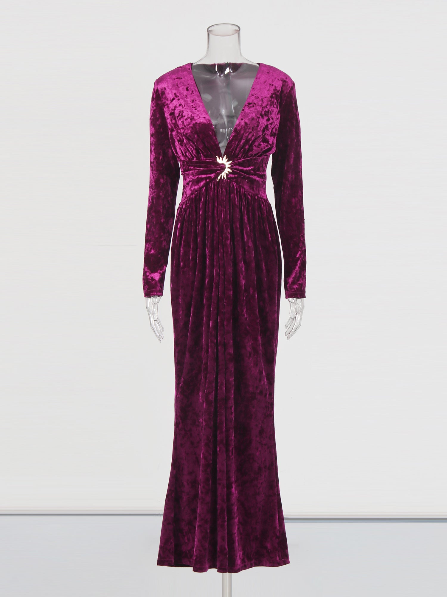 Purple Velvet Maxi Dress with V - Neck & Gold Accent - SISPELL