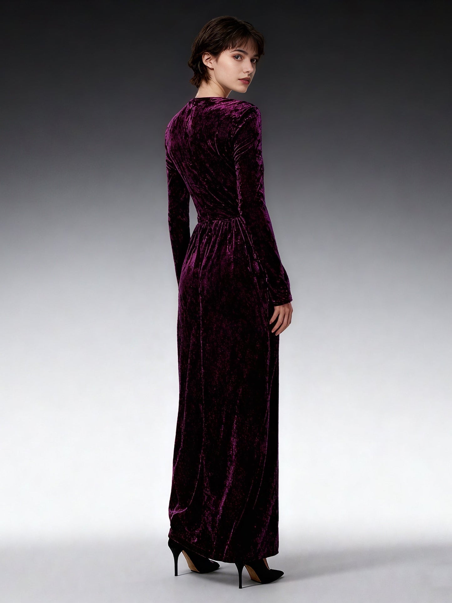 Purple Velvet Maxi Dress with V - Neck & Gold Accent - SISPELL