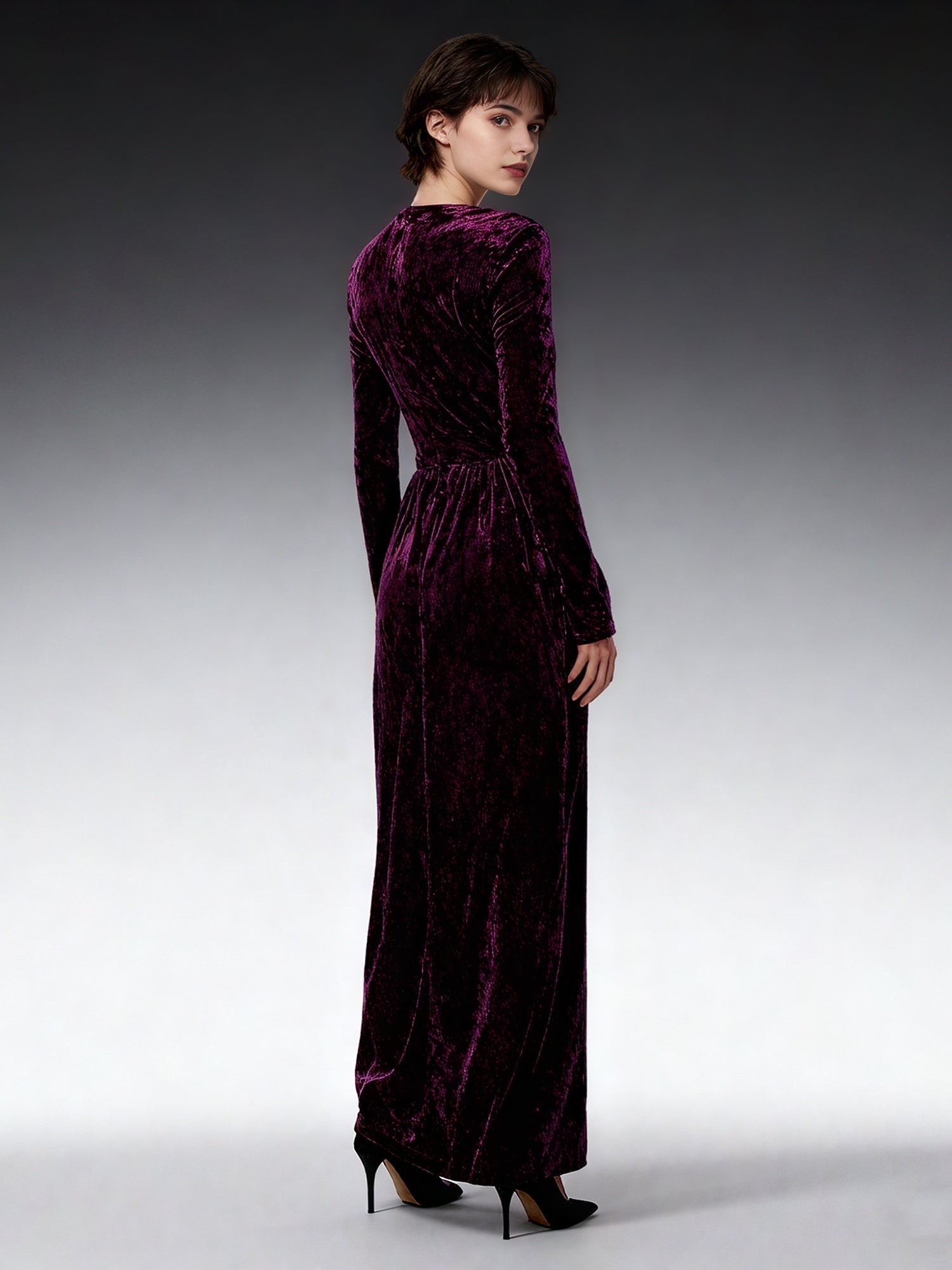 Purple Velvet Maxi Dress with V - Neck & Gold Accent - SISPELL