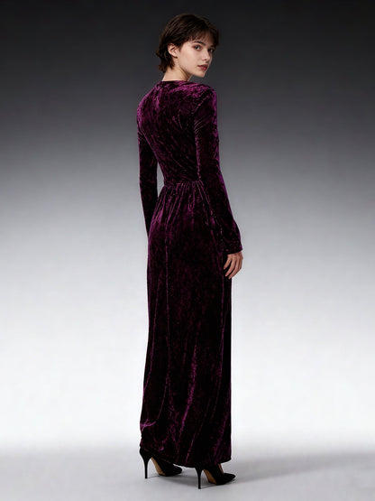 Purple Velvet Maxi Dress with V - Neck & Gold Accent - SISPELL