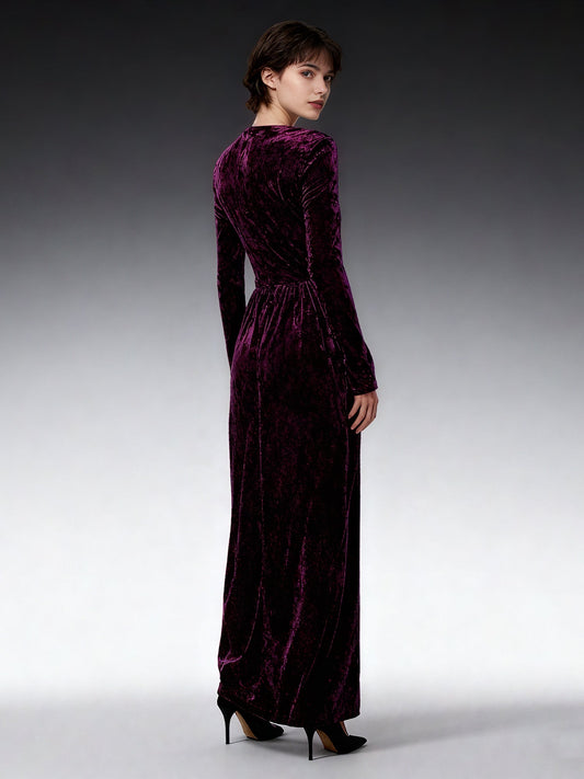 Purple Velvet Maxi Dress with V - Neck & Gold Accent - SISPELL