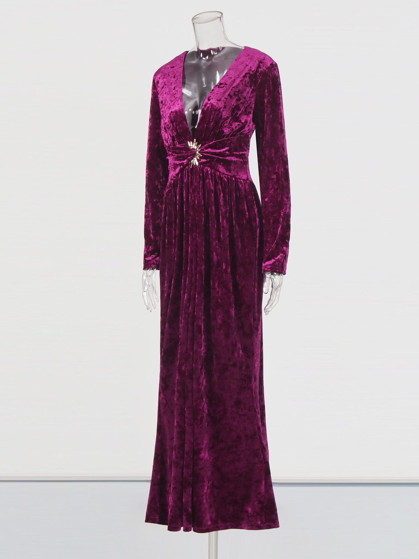 Purple Velvet Maxi Dress with V - Neck & Gold Accent - SISPELL