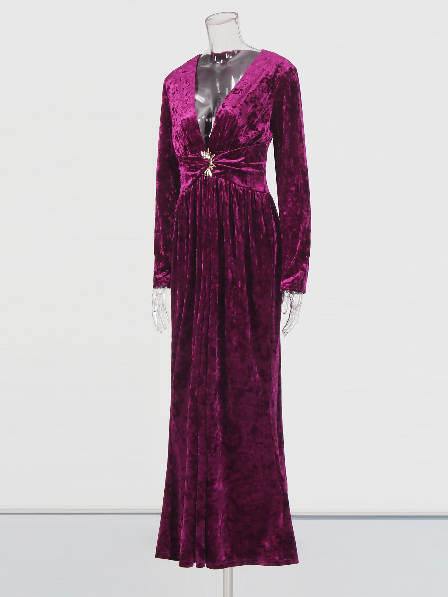 Purple Velvet Maxi Dress with V - Neck & Gold Accent - SISPELL
