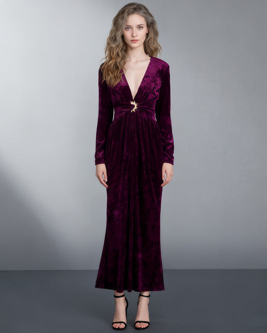 Purple Velvet Maxi Dress with V - Neck & Gold Accent - SISPELL
