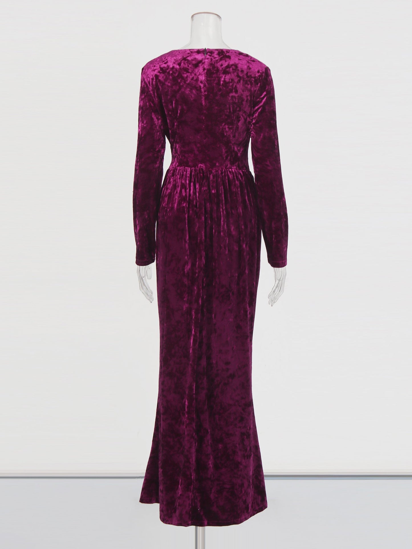 Purple Velvet Maxi Dress with V - Neck & Gold Accent - SISPELL