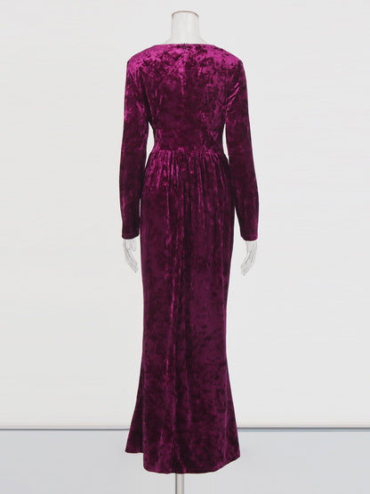 Purple Velvet Maxi Dress with V - Neck & Gold Accent - SISPELL