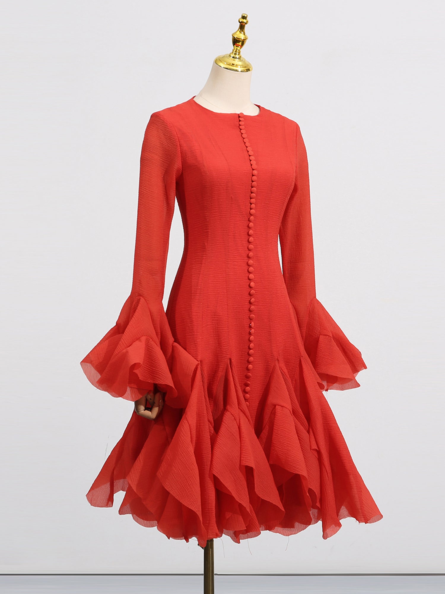 Red Bell Sleeve Ruffled Long Dress with Button Front - SISPELL