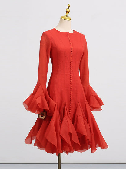 Red Bell Sleeve Ruffled Long Dress with Button Front - SISPELL