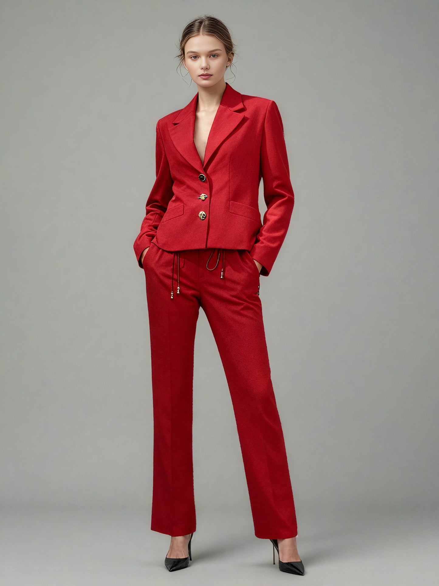 Red Blazer with Unique Button & Drawstring Detailing - SISPELL