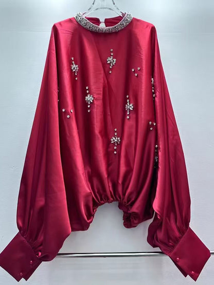 Red Blouse with Rhinestone Floral & Batwing Sleeve Detail - SISPELL