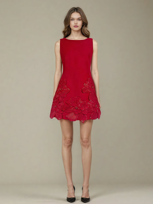 Red Floral Appliqué Sleeveless Mini Dress - SISPELL