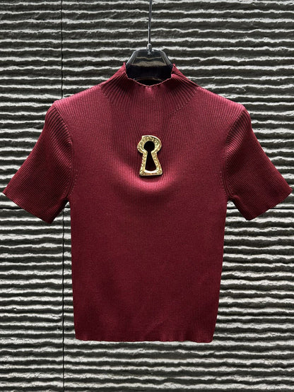 Red Knit Top with Gold Keyhole Cutout Hollow Out - SISPELL