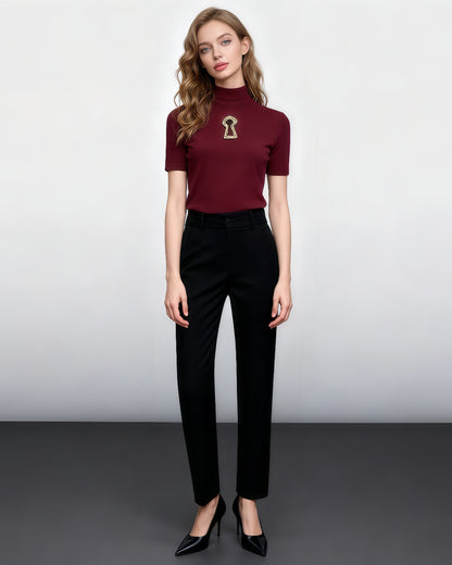 Red Knit Top with Gold Keyhole Cutout Hollow Out - SISPELL