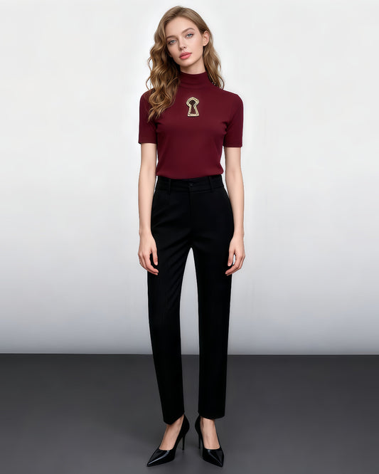 Red Knit Top with Gold Keyhole Cutout Hollow Out - SISPELL