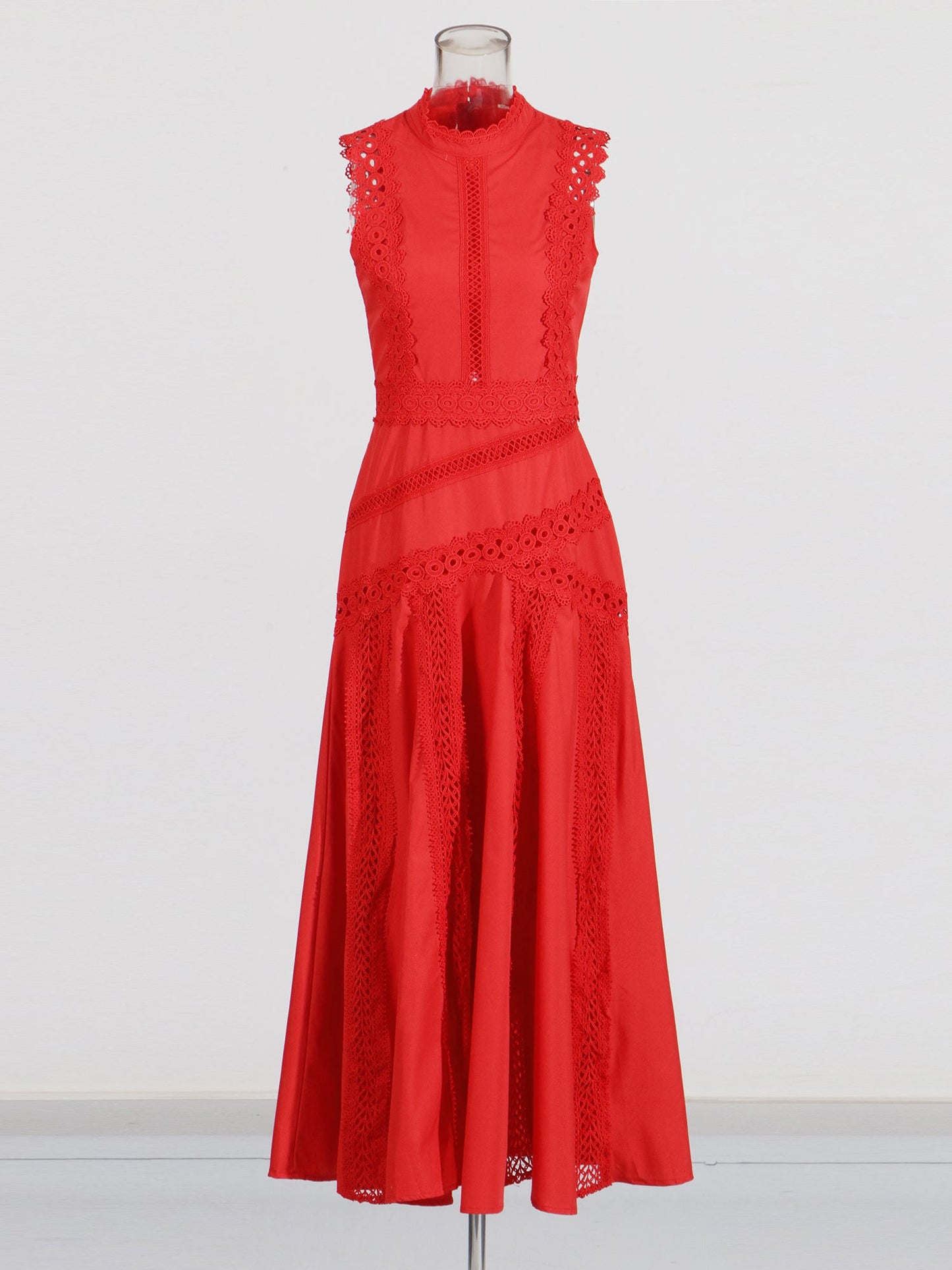Red Lace Sleeveless Midi Dress - SISPELL