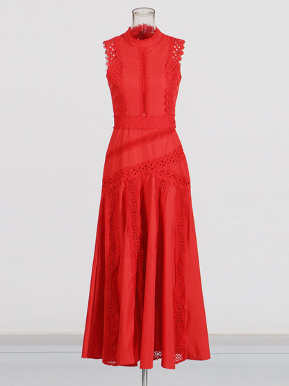 Red Lace Sleeveless Midi Dress - SISPELL