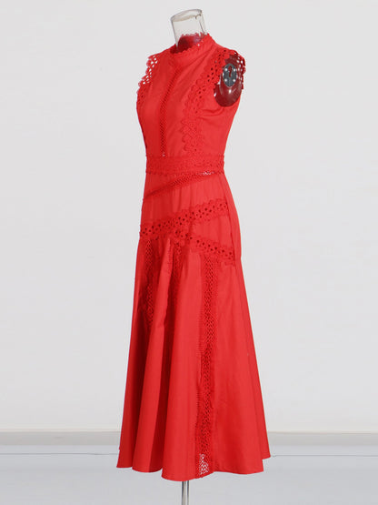 Red Lace Sleeveless Midi Dress - SISPELL