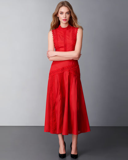 Red Lace Sleeveless Midi Dress - SISPELL