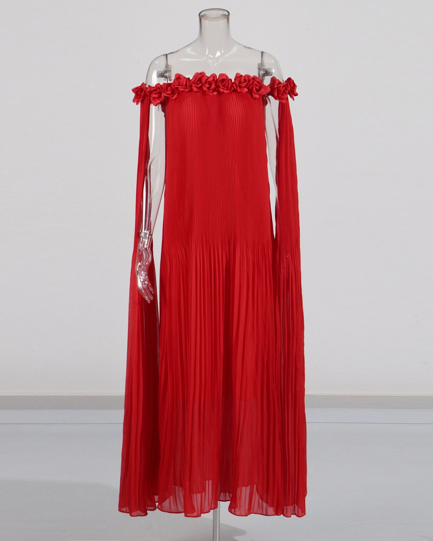 Red Off - Shoulder Pleated Floral Maxi Dress - SISPELL