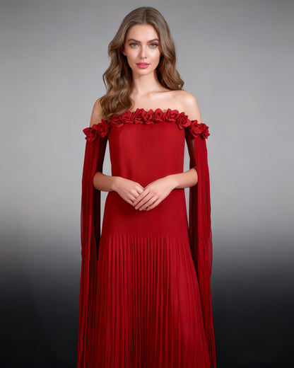 Red Off - Shoulder Pleated Floral Maxi Dress - SISPELL