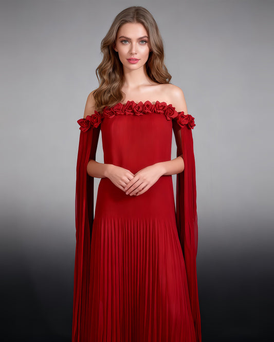 Red Off - Shoulder Pleated Floral Maxi Dress - SISPELL