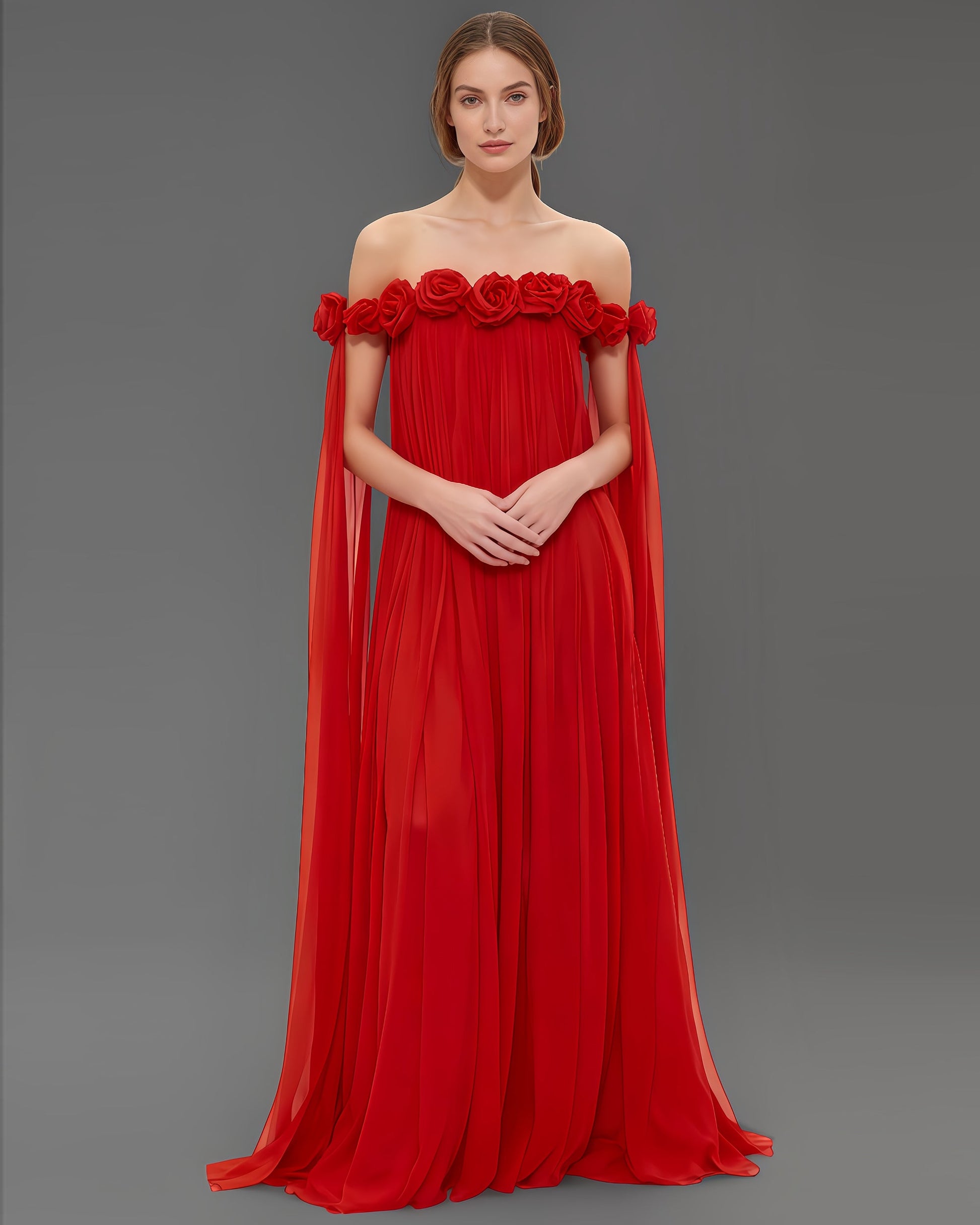 Red Off - Shoulder Pleated Floral Maxi Dress - SISPELL