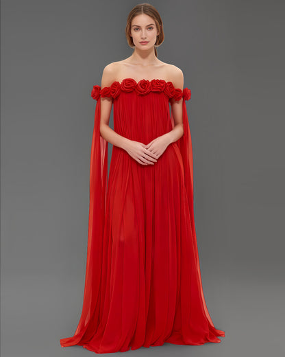 Red Off - Shoulder Pleated Floral Maxi Dress - SISPELL