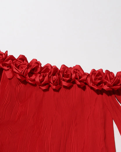Red Off - Shoulder Pleated Floral Maxi Dress - SISPELL